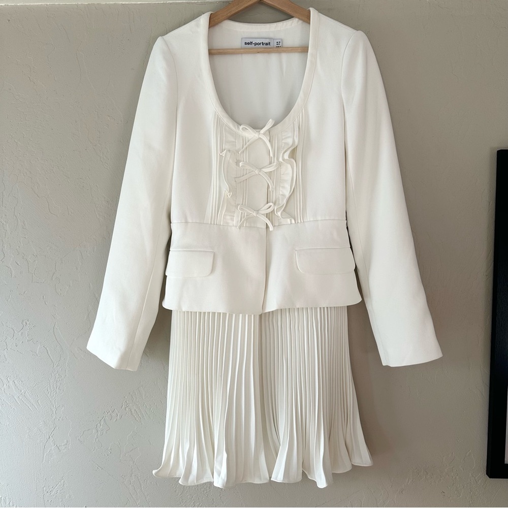 Self Portrait Ivory Belted Crepe Mini Dress with Bows